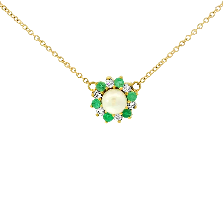 1870 Collection 14k Yellow Gold Pearl, Diamond, and Emerald Starburst Necklace