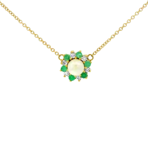 1870 Collection 14k Yellow Gold Pearl, Diamond, and Emerald Starburst Necklace
