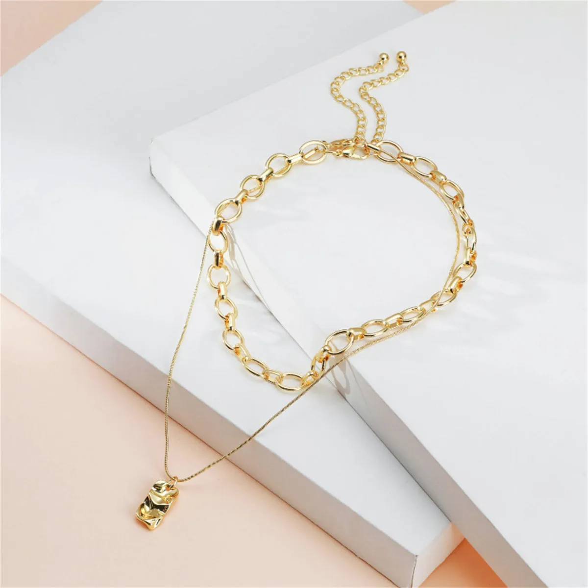 18K Gold-Plated Chain Rectangle Pendant Necklace Set