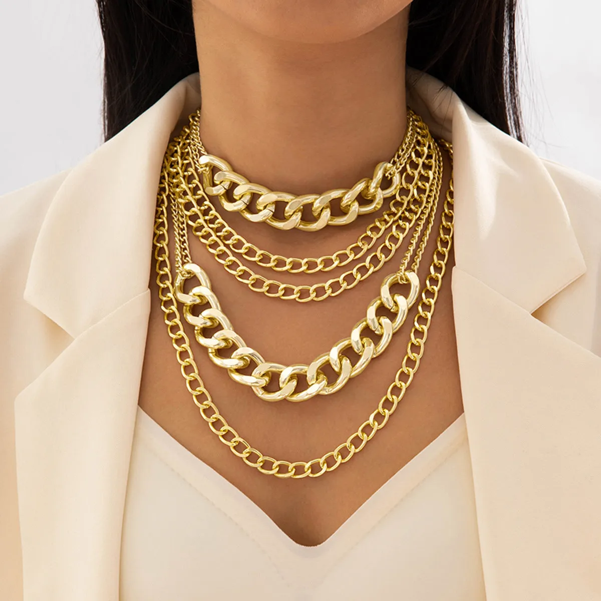 18K Gold-Plated Curb Chain Layered Statement Necklace