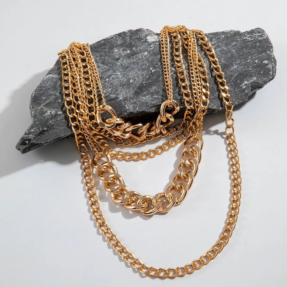 18K Gold-Plated Curb Chain Layered Statement Necklace