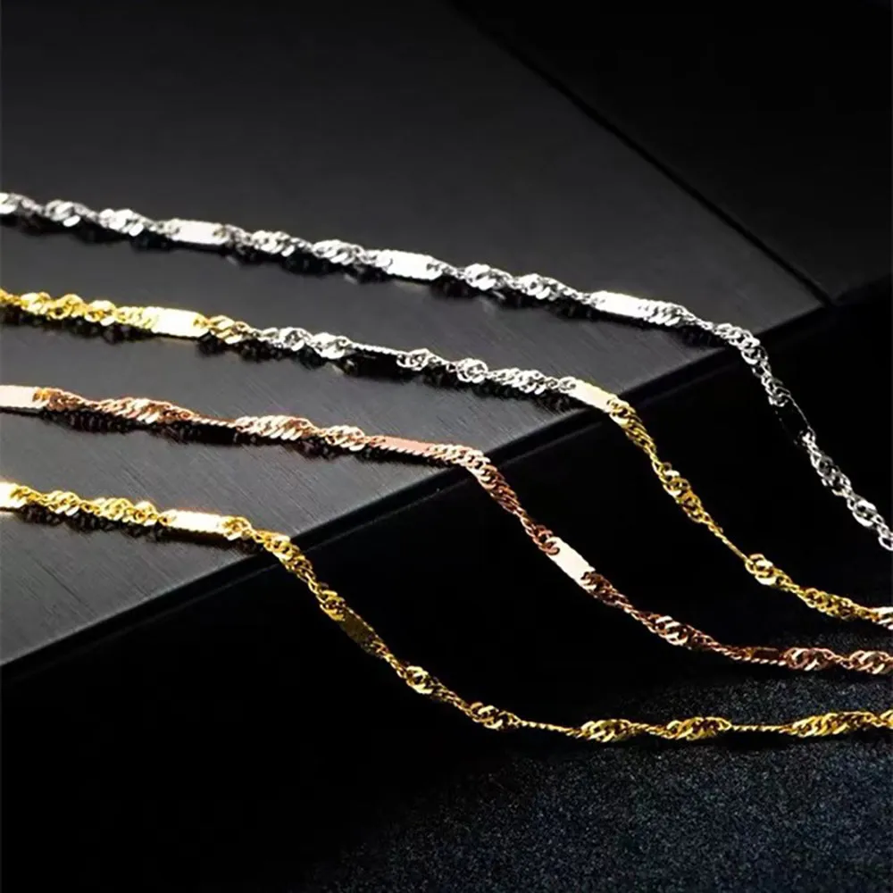 18K Solid Gold 1mm Water Chain Glossy Necklace Charm Jewelry 18in