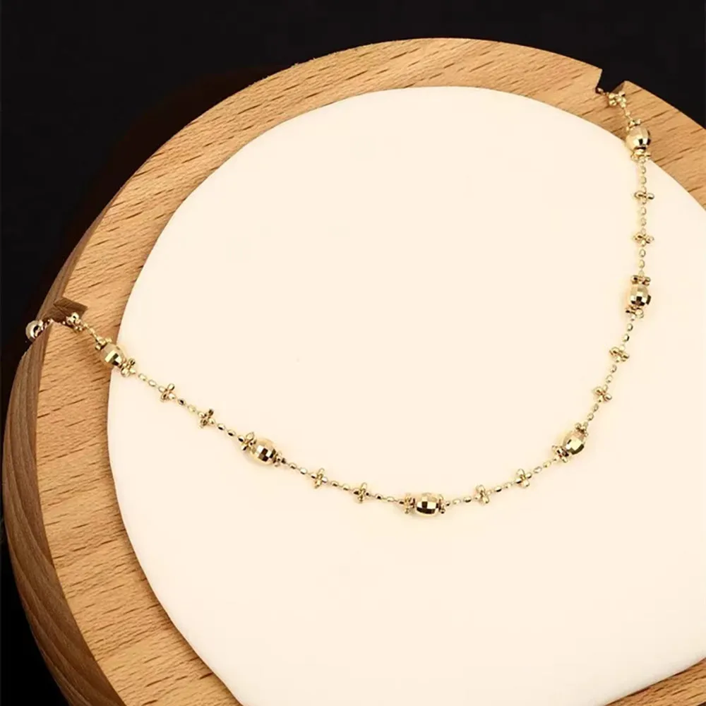 18K Solid Gold Bead Chain Necklace Glossy Charm Choker Jewelry Stamped Au750
