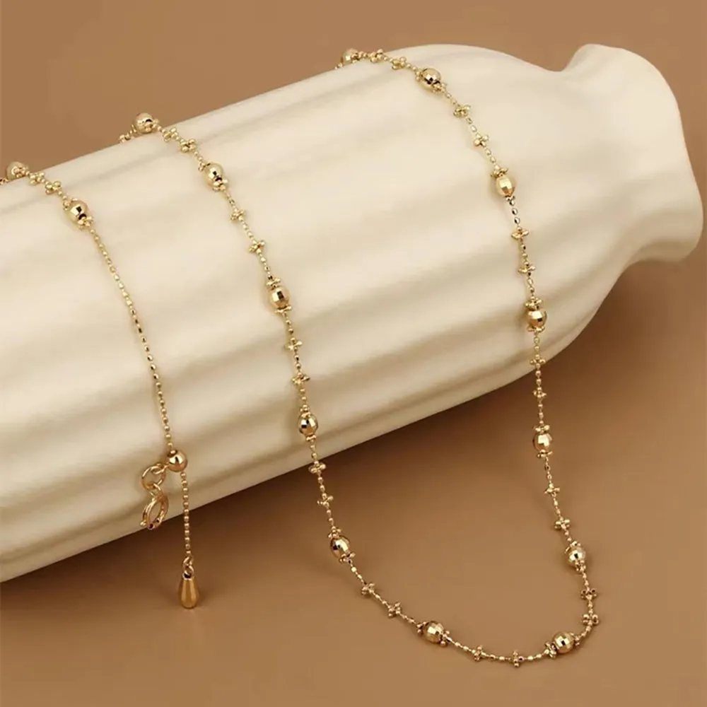 18K Solid Gold Bead Chain Necklace Glossy Charm Choker Jewelry Stamped Au750