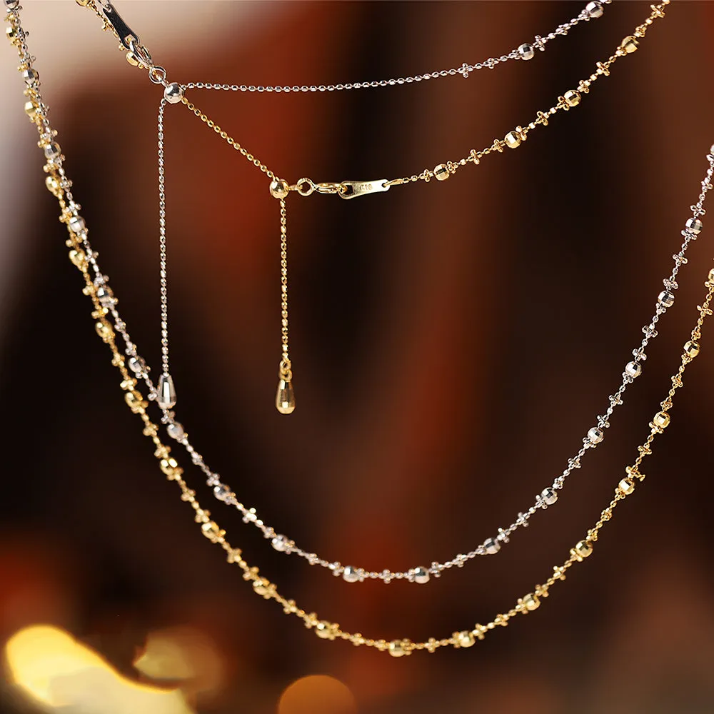 18K Solid Gold Bead Chain Necklace Laser Glossy Charm Little Plum Flower Jewelry 18"