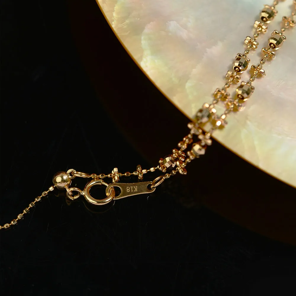 18K Solid Gold Bead Chain Necklace Laser Glossy Charm Little Plum Flower Jewelry 18"
