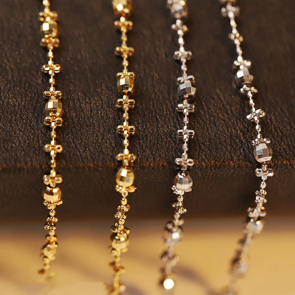18K Solid Gold Bead Chain Necklace Laser Glossy Charm Little Plum Flower Jewelry 18"