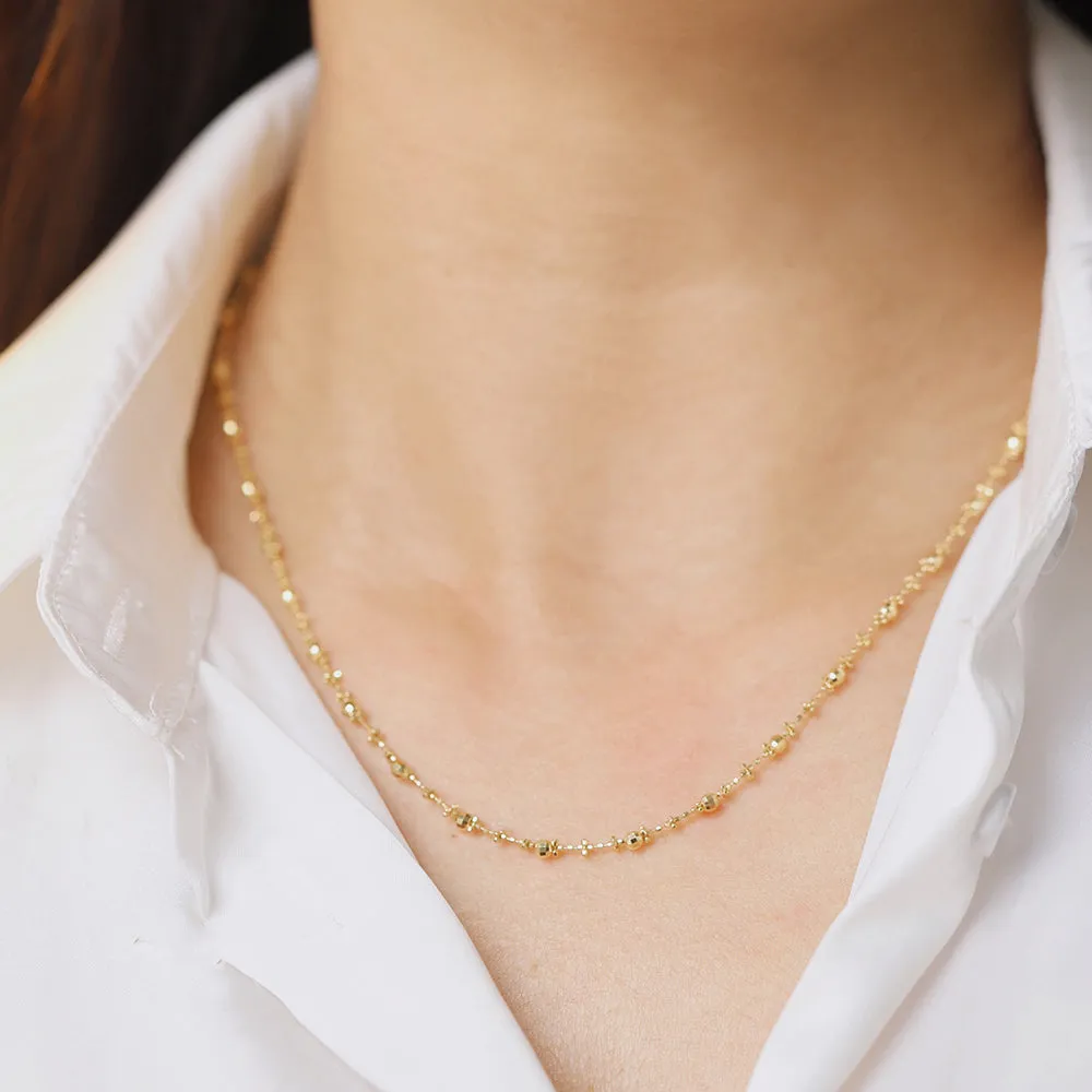 18K Solid Gold Bead Chain Necklace Laser Glossy Charm Little Plum Flower Jewelry 18"