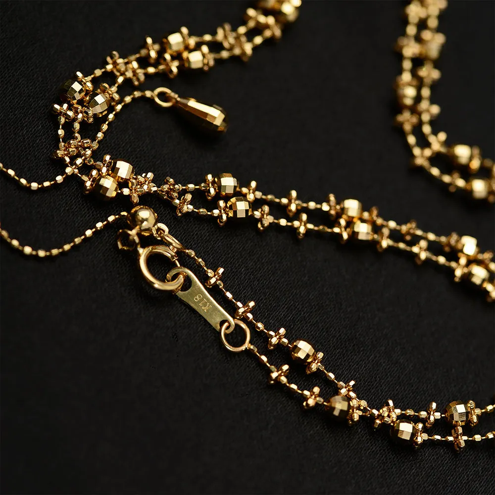 18K Solid Gold Bead Chain Necklace Laser Glossy Charm Little Plum Flower Jewelry 18"