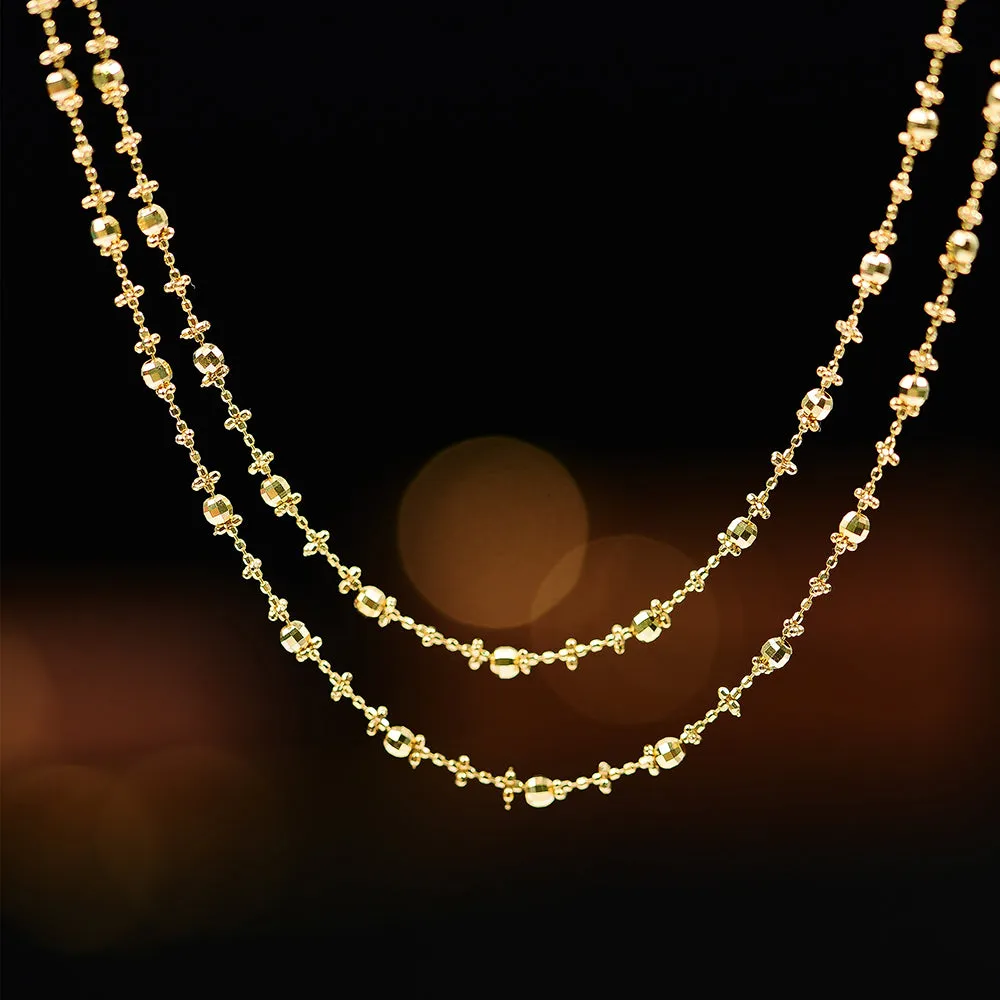 18K Solid Gold Bead Chain Necklace Laser Glossy Charm Little Plum Flower Jewelry 18"