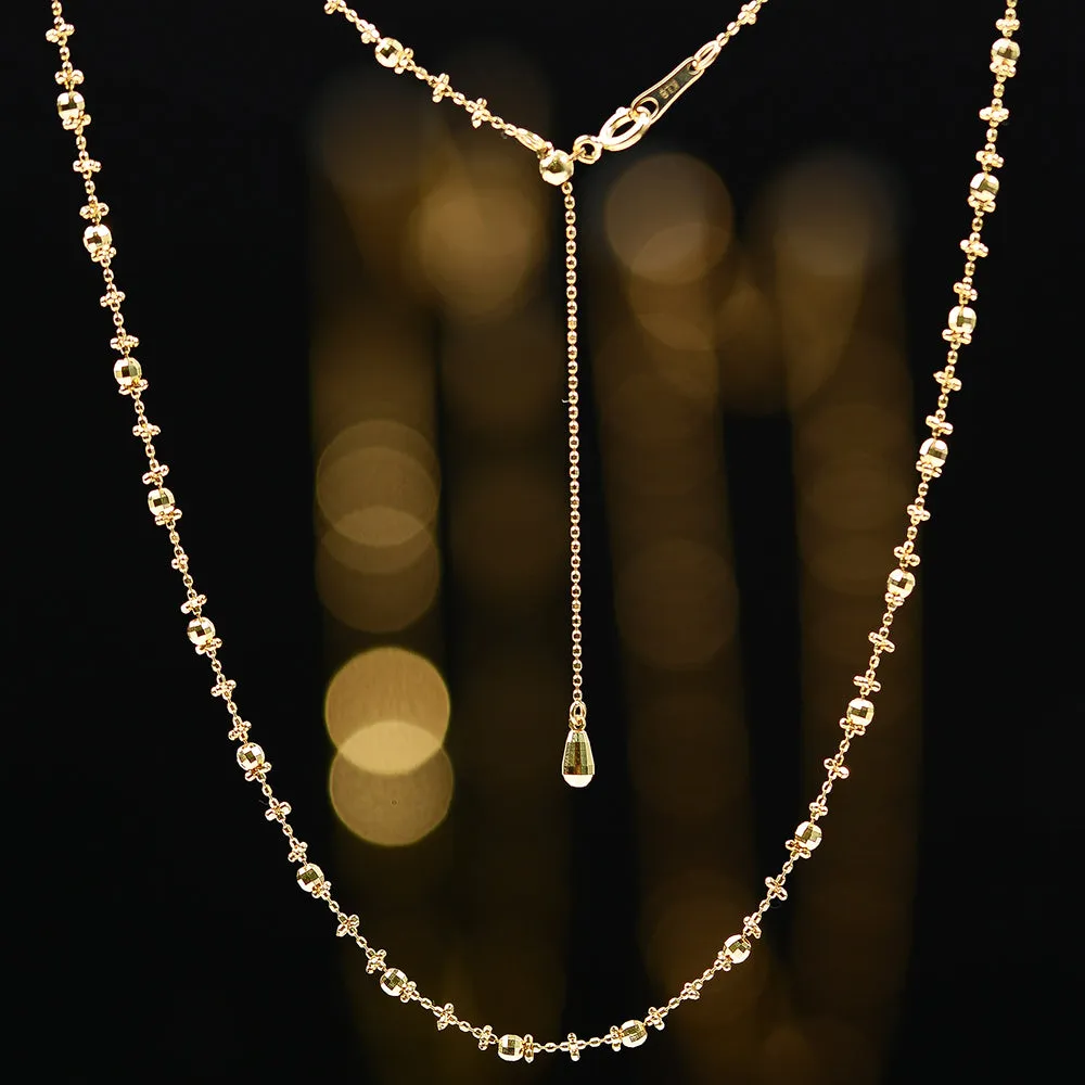 18K Solid Gold Bead Chain Necklace Laser Glossy Charm Little Plum Flower Jewelry 18"