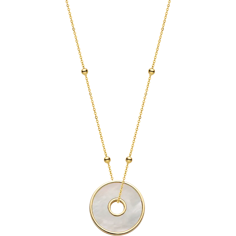 18K Solid Gold Mother of Pearl Round Hole Coin Necklace
