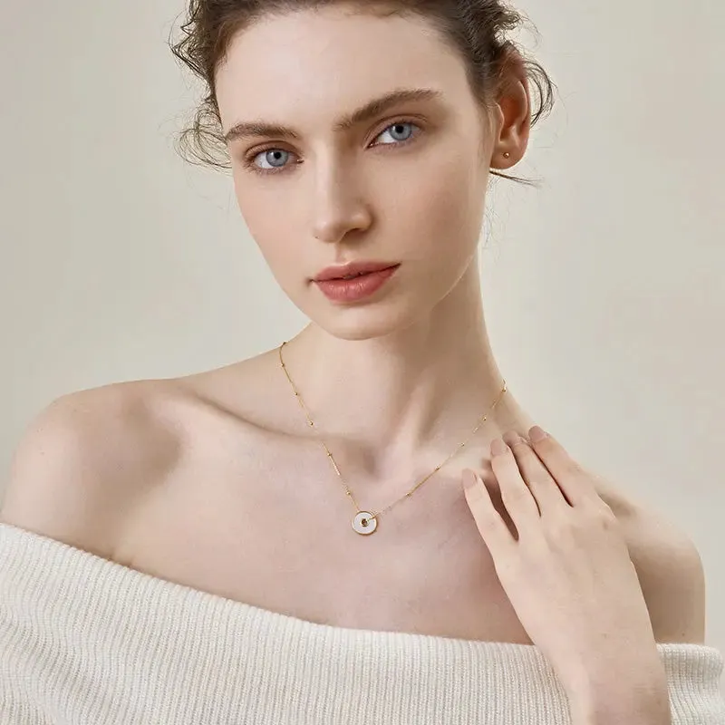 18K Solid Gold Mother of Pearl Round Hole Coin Necklace