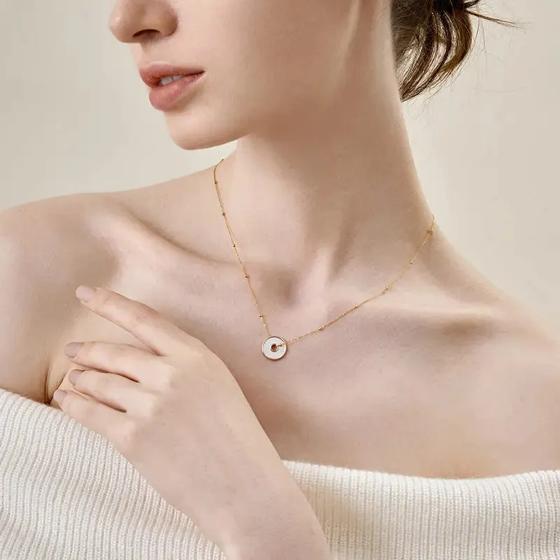 18K Solid Gold Mother of Pearl Round Hole Coin Necklace