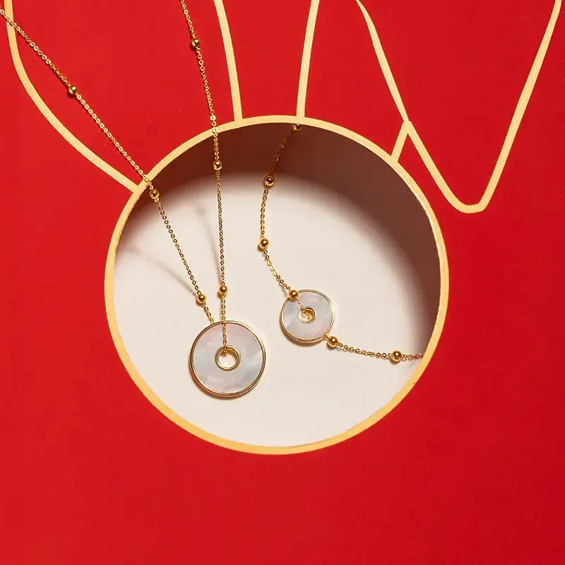 18K Solid Gold Mother of Pearl Round Hole Coin Necklace