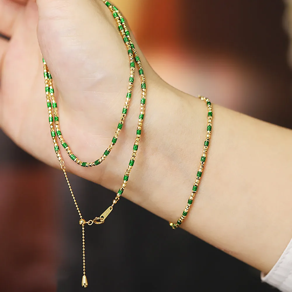 18K Solid Multicolor Gold Bead Chain Beaded Necklace Laser Glossy Charm Jewelry 18"