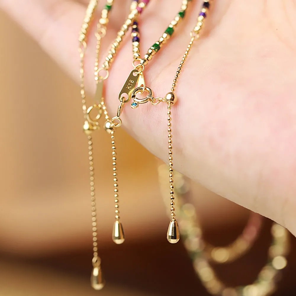 18K Solid Multicolor Gold Bead Chain Beaded Necklace Laser Glossy Charm Jewelry 18"