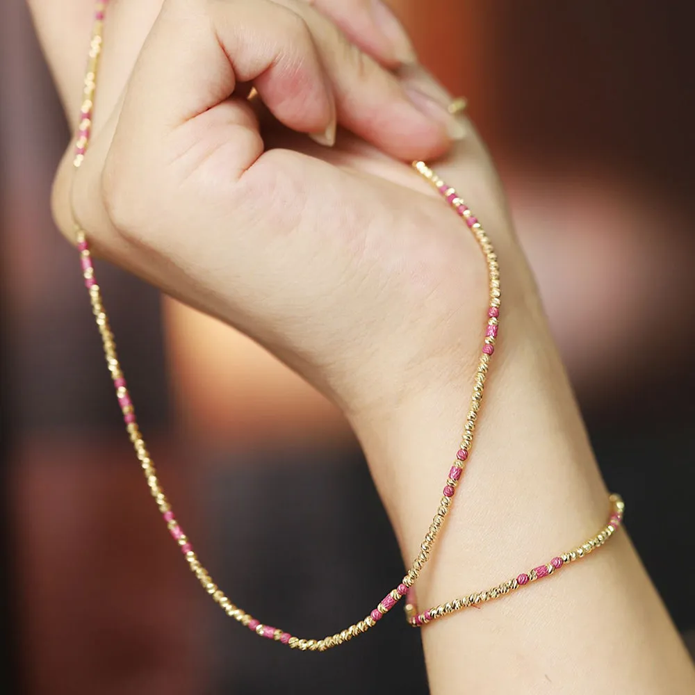 18K Solid Multicolor Gold Bead Chain Beaded Necklace Laser Glossy Charm Jewelry 18"