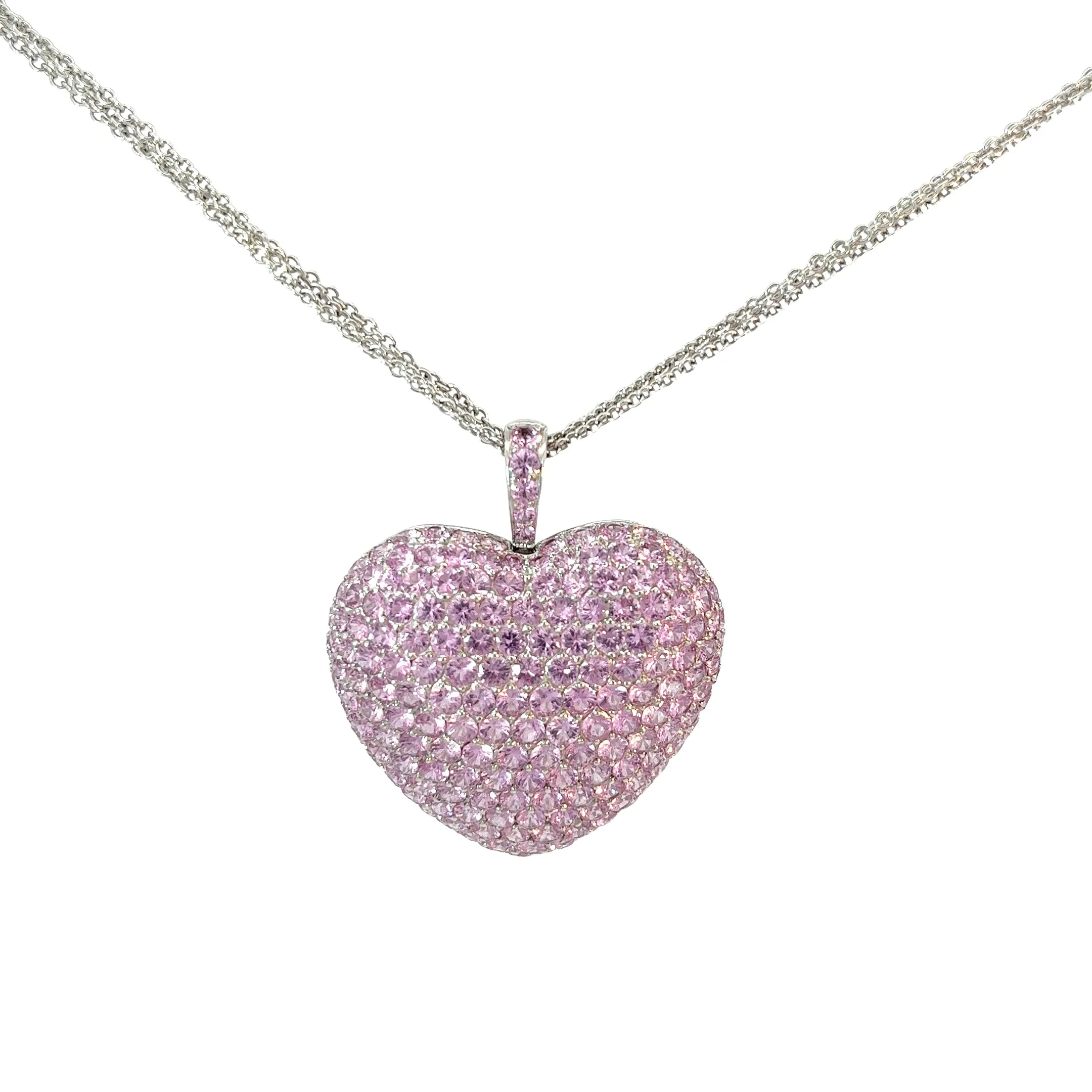 18k white Gold 11.60ct Round Pink Sapphire Heart Necklace weighing 26 grams