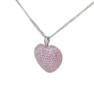 18k white Gold 11.60ct Round Pink Sapphire Heart Necklace weighing 26 grams