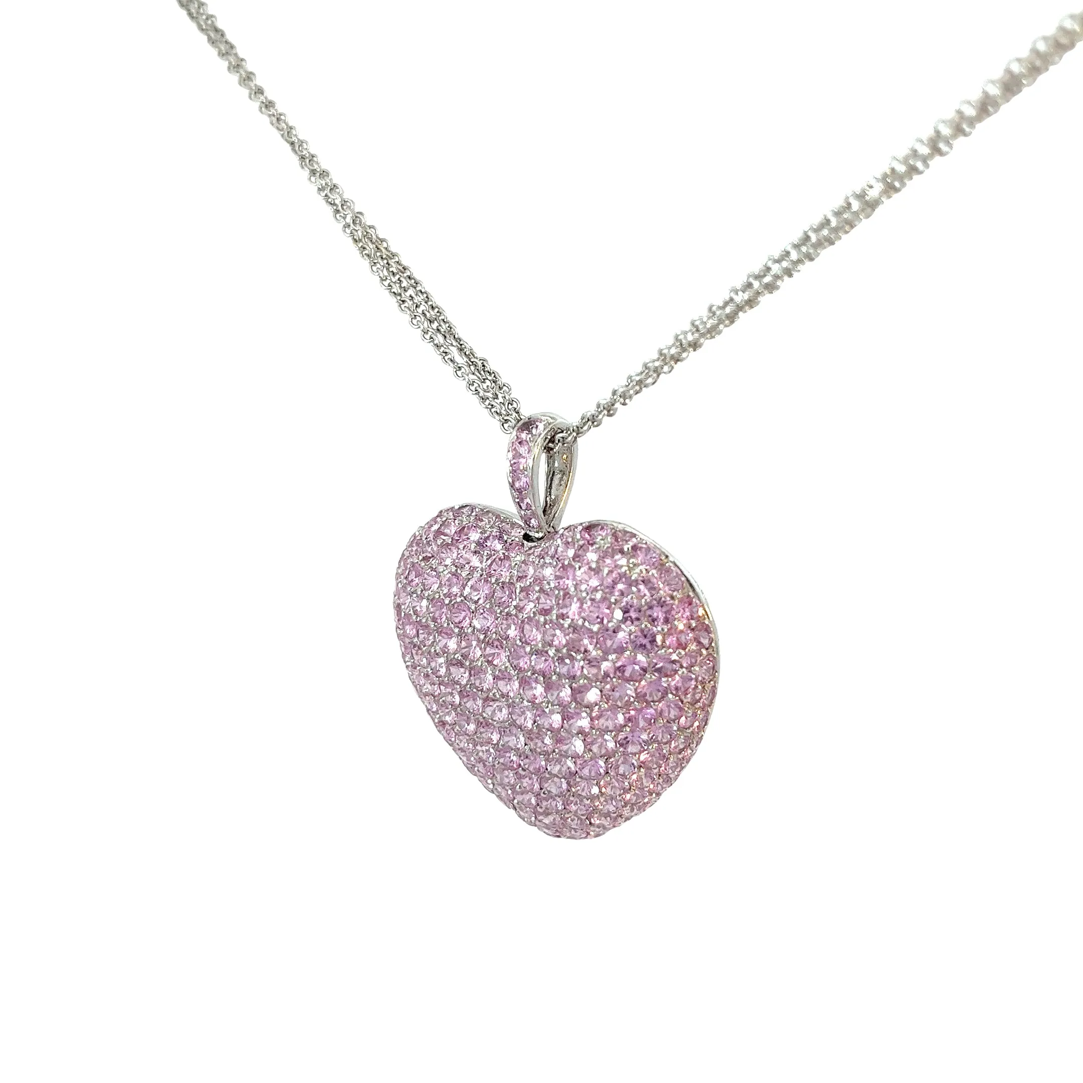 18k white Gold 11.60ct Round Pink Sapphire Heart Necklace weighing 26 grams