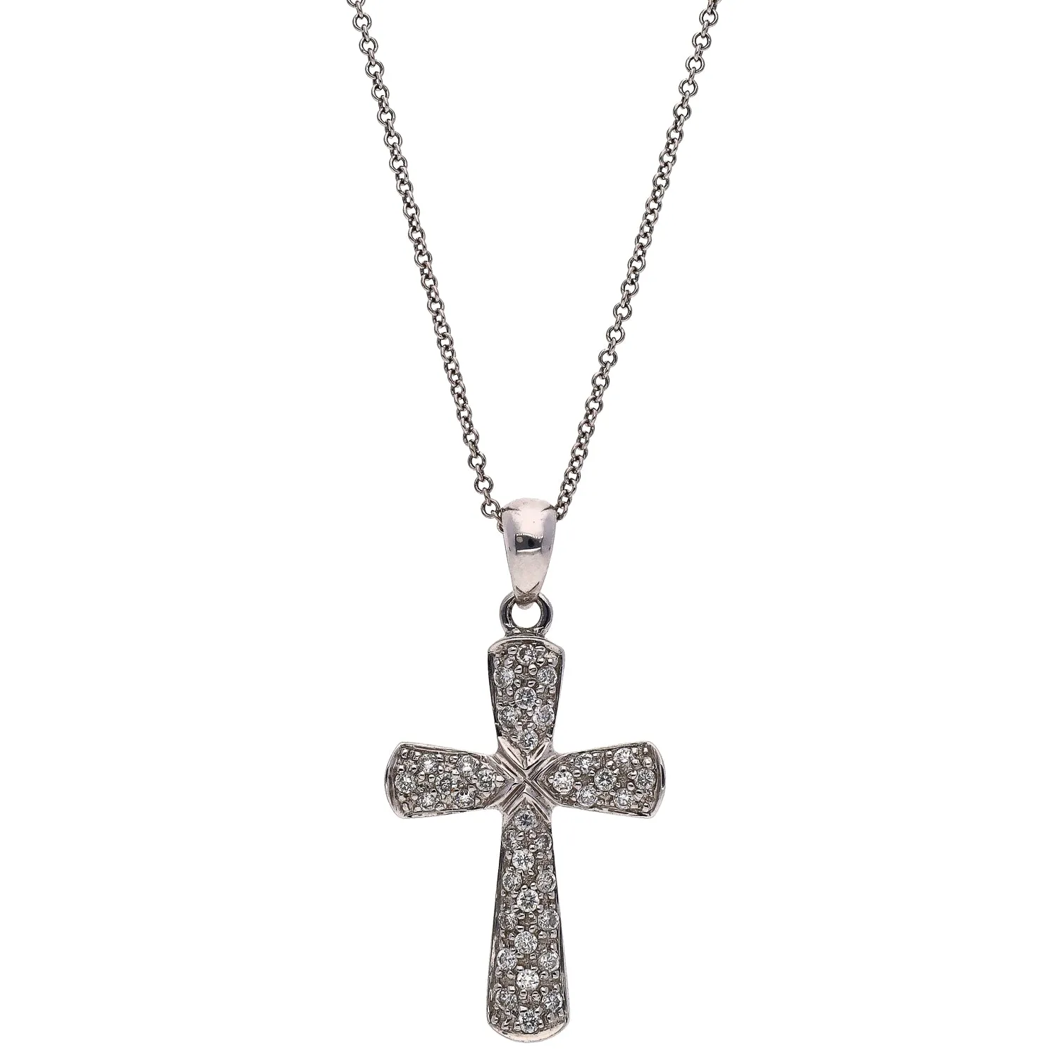 18K White Gold Diamond Cross Pendant with 18K White Gold Rolo Chain