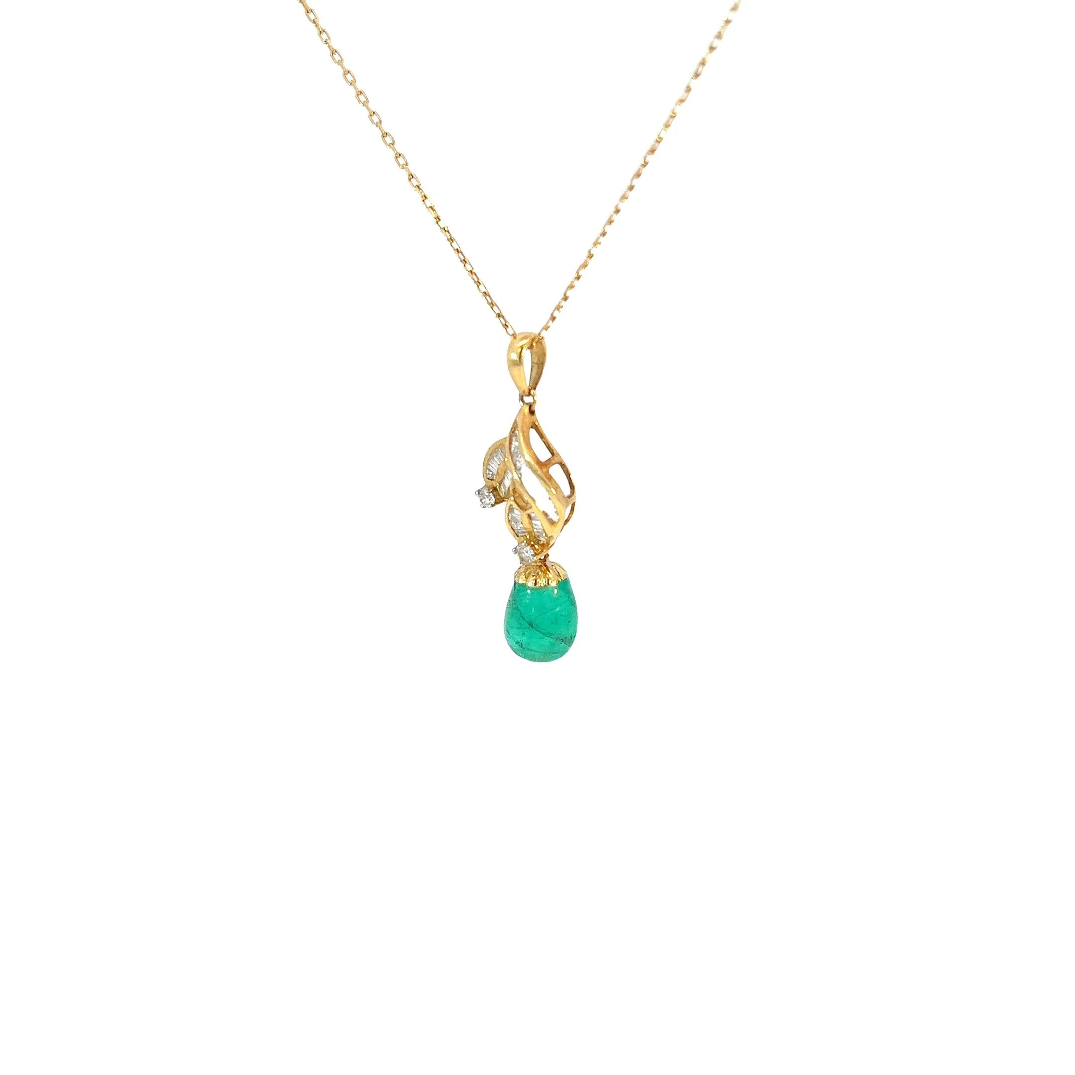 18k Yellow Gold 2.50ct Cut in a Cabochon Style Colombian Emerald and .38ct F VS2 Round and Baguette Diamond Necklace