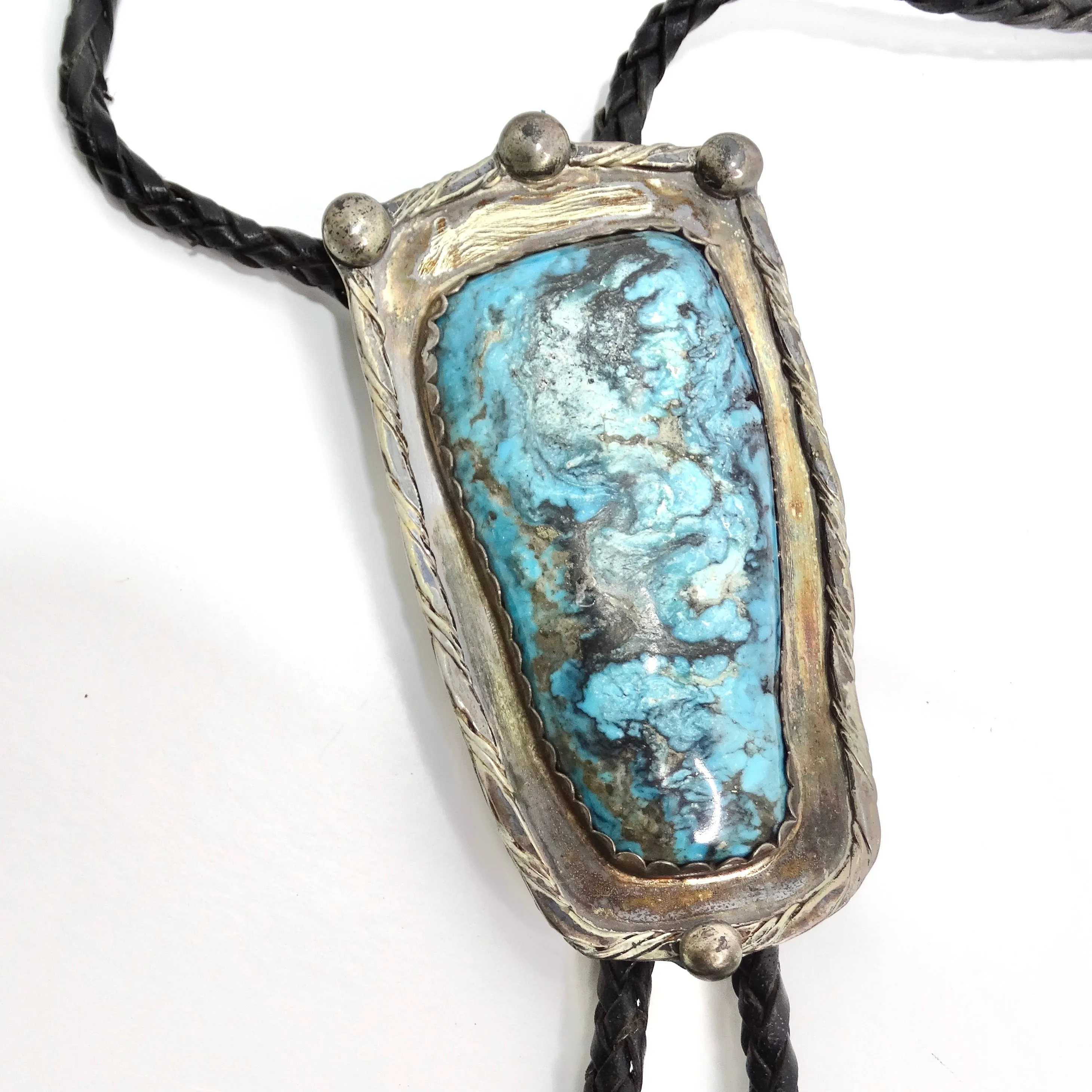 1960s Native American Silver Turquoise Bolo Necklace