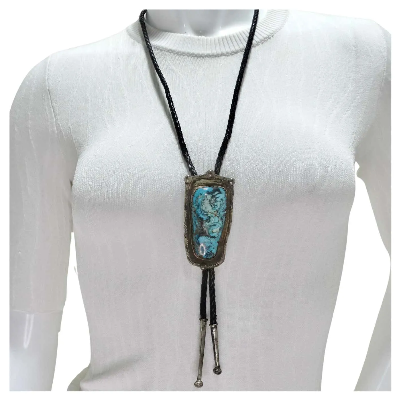 1960s Native American Silver Turquoise Bolo Necklace