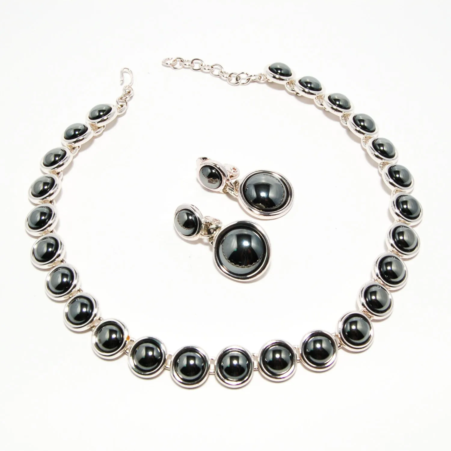 1980's Silver Hematite Earrings and Necklace Set by Monet