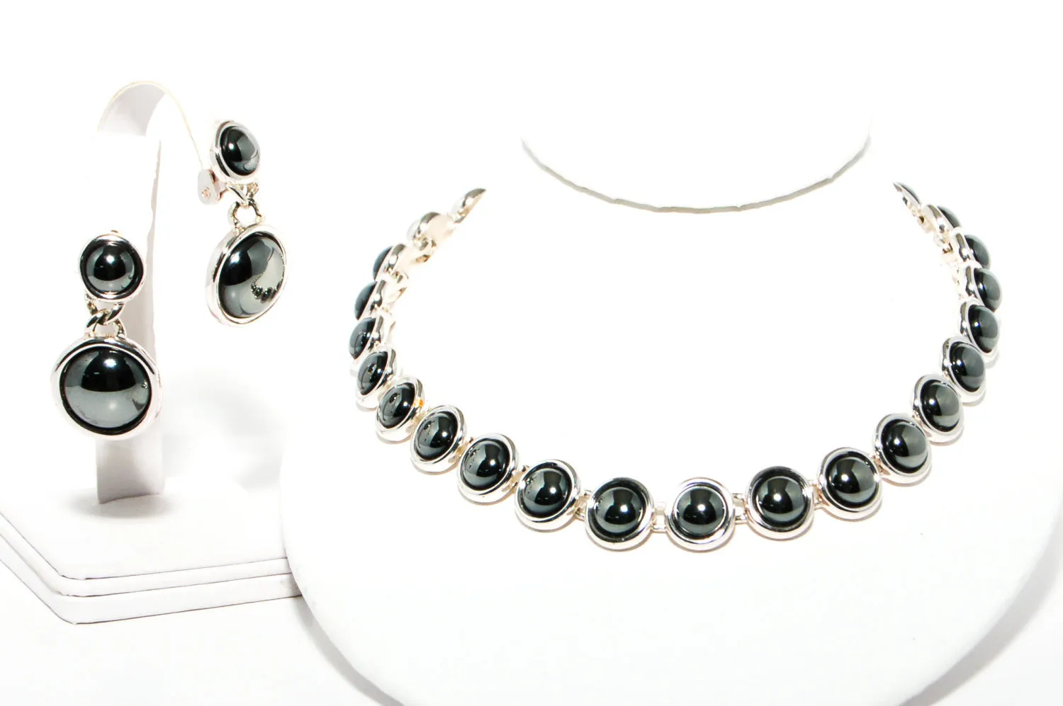 1980's Silver Hematite Earrings and Necklace Set by Monet