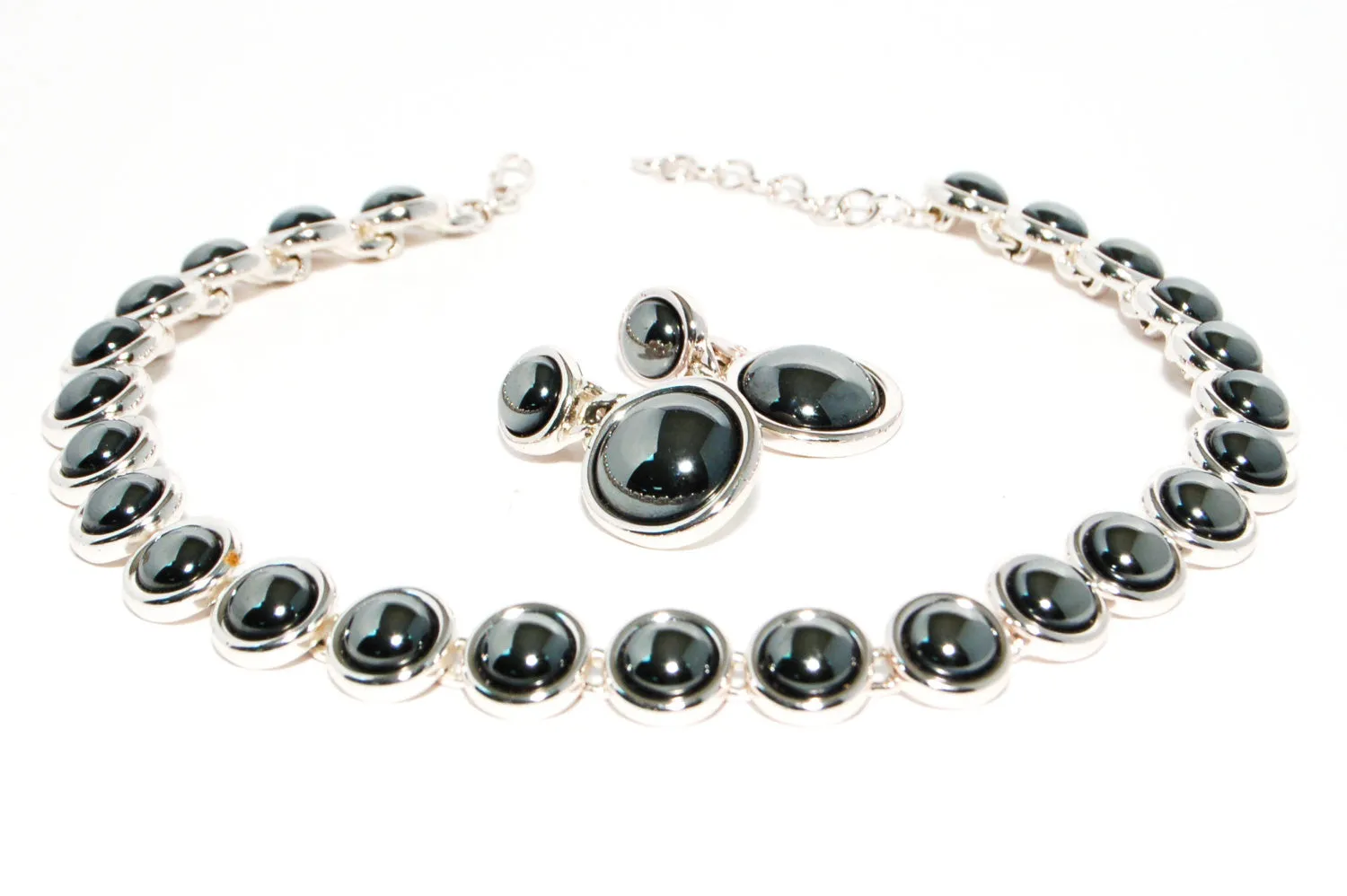 1980's Silver Hematite Earrings and Necklace Set by Monet