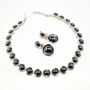 1980's Silver Hematite Earrings and Necklace Set by Monet