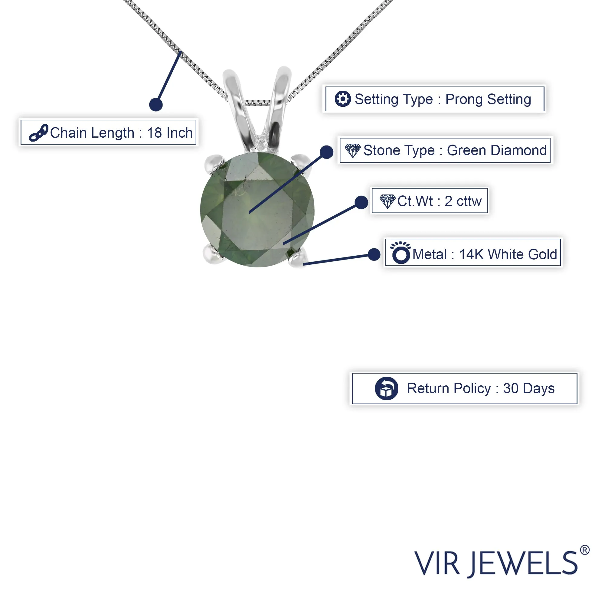 2 cttw Green Solitaire Diamond Pendant Necklace in 14K White Gold