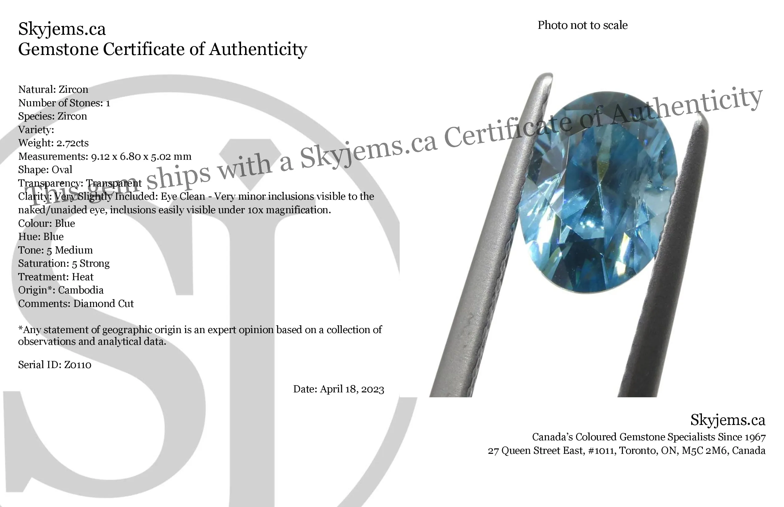 2.72ct Natural Earth Mined Oval Master Brilliant Cut Blue Zircon from Cambodia