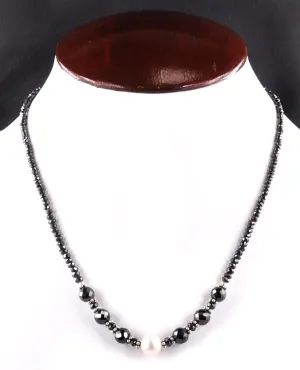 2mm - 5mm Certified Designer Black Diamond Necklace with Pearl Bead! Great Shine & Party Wear Collection