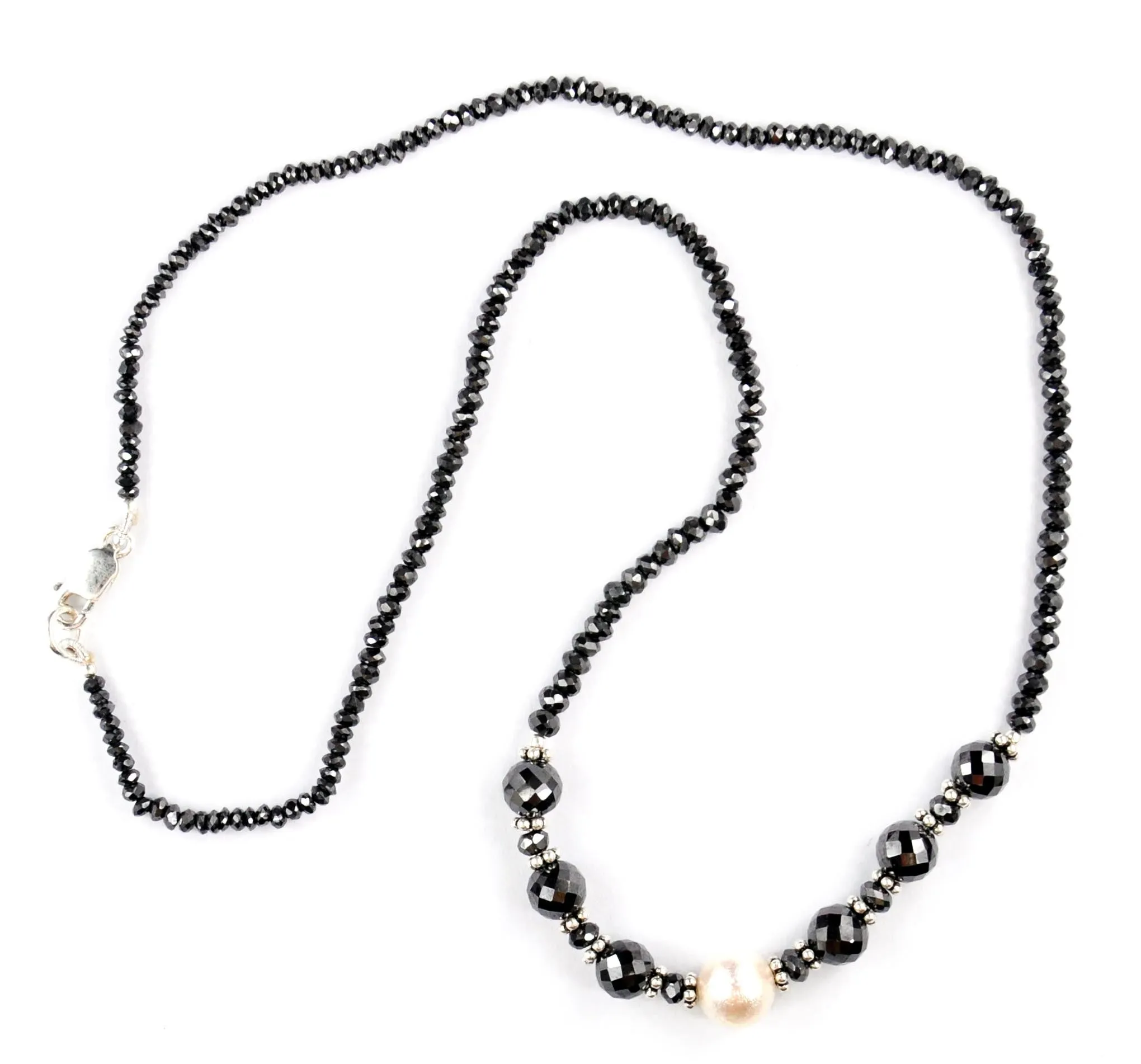 2mm - 5mm Certified Designer Black Diamond Necklace with Pearl Bead! Great Shine & Party Wear Collection
