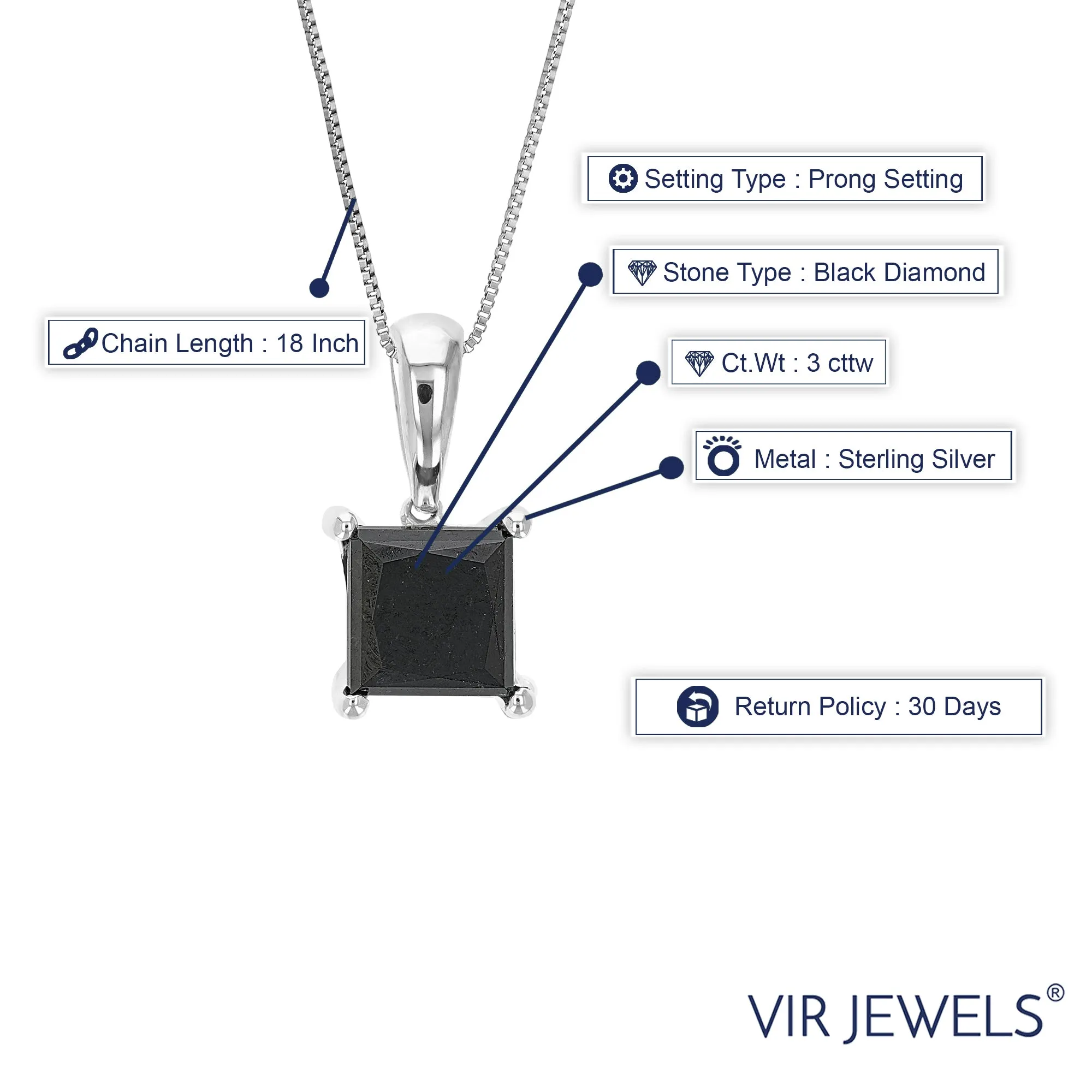 3 cttw Princess Cut Black Diamond Pendant Necklace in .925 Sterling Silver