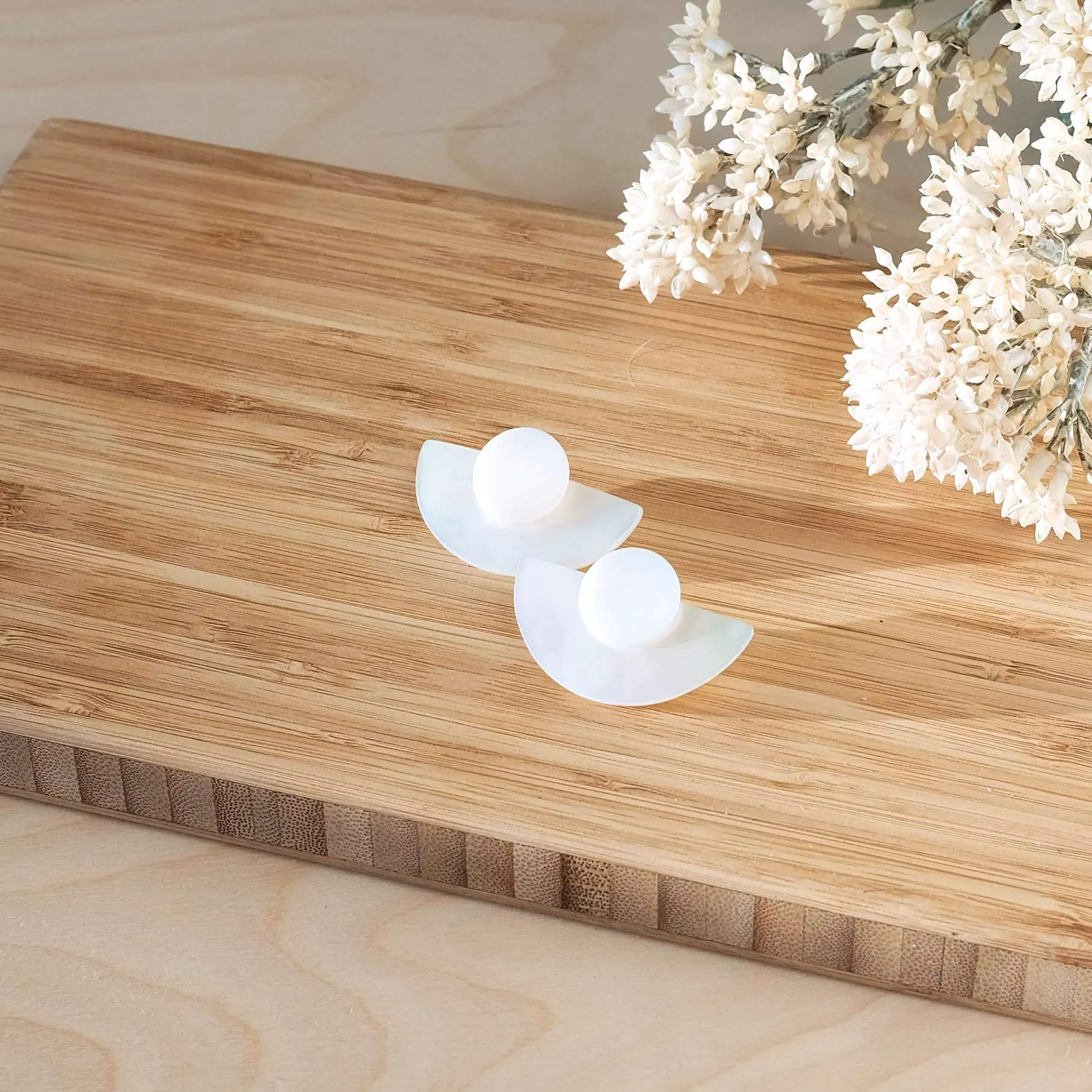 3-in-1 Pearl White Circle and Halfmoon Geometric Studs - Mother of Pearl Earrings
