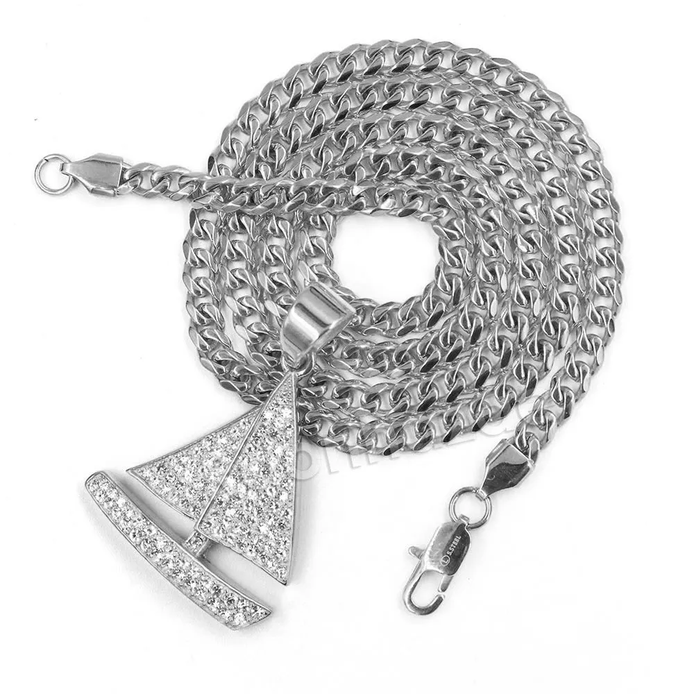 316L Stainless Steel Little Yachty Ice Out Pendant w/ 4mm Miami Cuban Chain