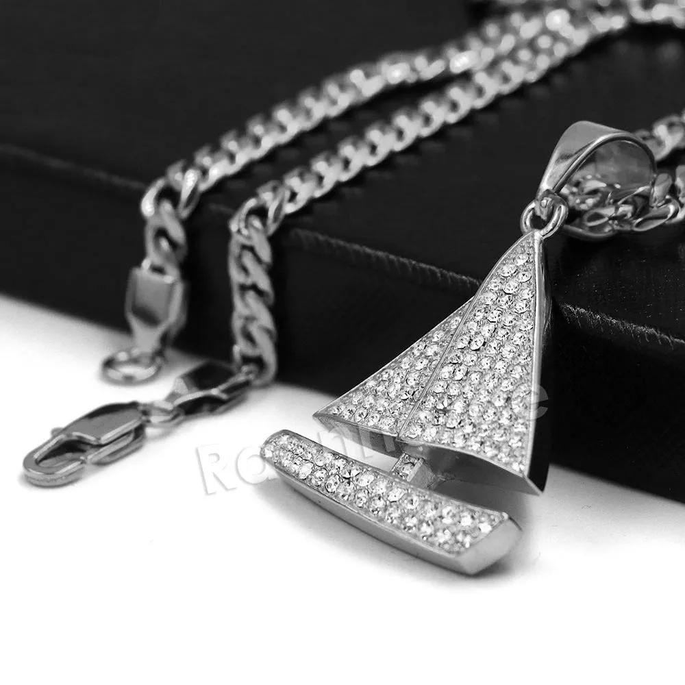 316L Stainless Steel Little Yachty Ice Out Pendant w/ 4mm Miami Cuban Chain