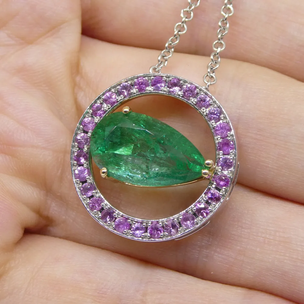3.55ct Emerald, Pink Sapphire Pendant set in 14k White and Yellow Gold