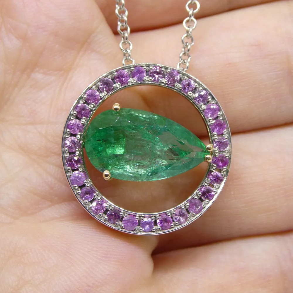 3.55ct Emerald, Pink Sapphire Pendant set in 14k White and Yellow Gold