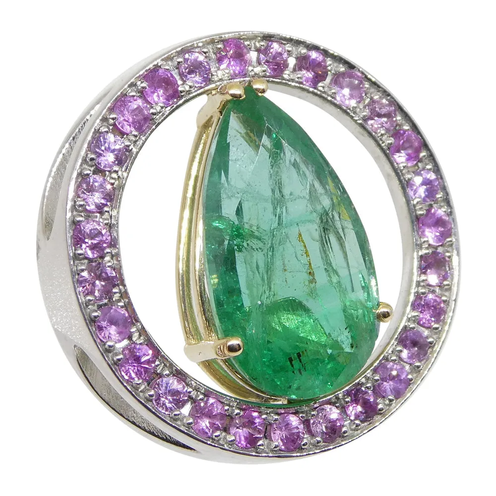 3.55ct Emerald, Pink Sapphire Pendant set in 14k White and Yellow Gold