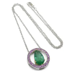 3.55ct Emerald, Pink Sapphire Pendant set in 14k White and Yellow Gold