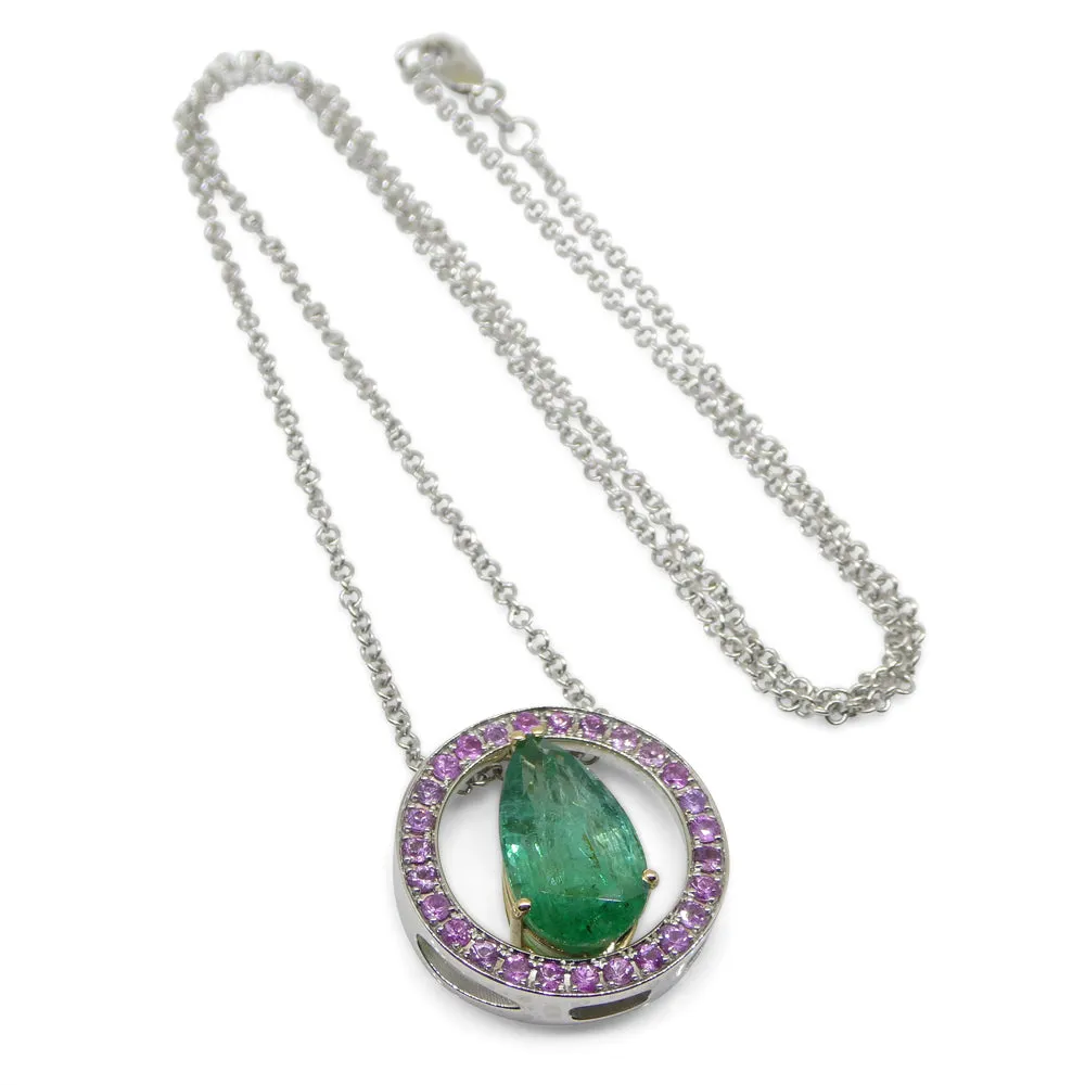 3.55ct Emerald, Pink Sapphire Pendant set in 14k White and Yellow Gold