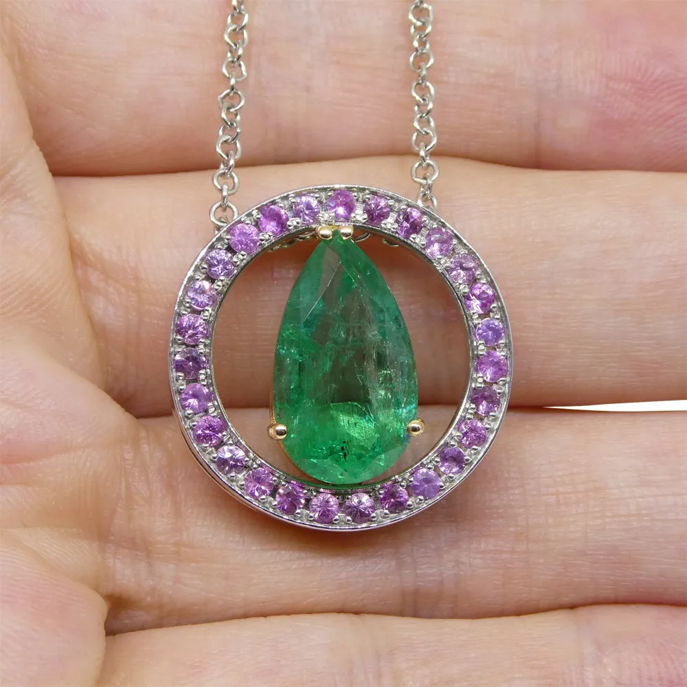 3.55ct Emerald, Pink Sapphire Pendant set in 14k White and Yellow Gold