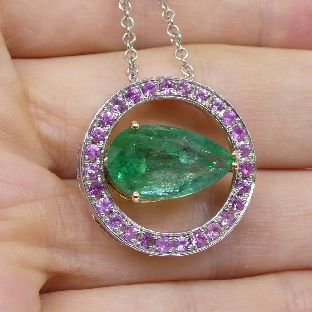 3.55ct Emerald, Pink Sapphire Pendant set in 14k White and Yellow Gold