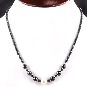 3mm-8mm Certified Black Diamond Necklace With Pearl Beads. Designer Collection with Great Shine