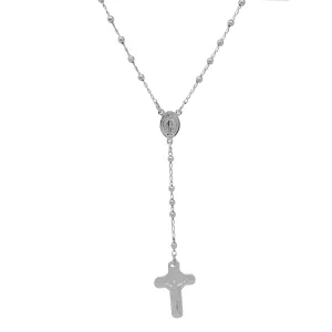[3mm] Glossy Virgin Mary Crucifix Rosary Necklace (Silver)